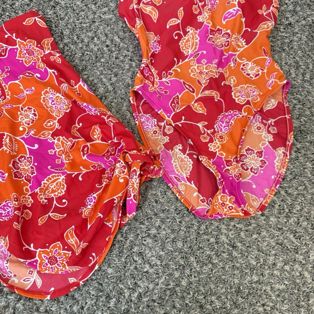 VTG Victoria's Secret One Piece Swimsuit Floral Plus Wrap Size 36C Red Pink - Picture 2 of 5